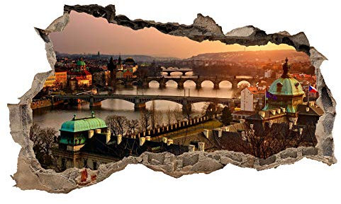 3D Wandtattoo Mauerloch Wandsticker Wandaufkleber Durchbruch Städte Landschaft Abenteuer selbstklebend H 60 x B 100 Schlafzimmer Wohnzimmer (WL01 Prag)
