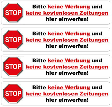 4 St. Aufkleber - Bitte keine Werbung und keine kostenlosen Zeitungen... 140 x 30 mm (weiß)