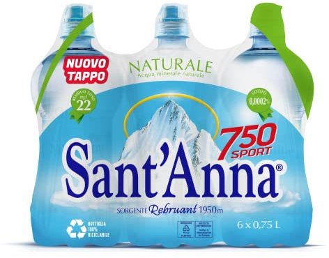 Agua Sant'Anna 750 Urban Sport con tapón Thumb Up | Agua mineral natural oligomineral mínimamente mineralizada | Botellas de plástico 100% reciclables | Paquete de 6 botellas