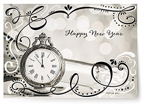 Designer Greetings Boxed New Year Cards, Happy New Year Vintage Pocket Watch Design (Box of 18 Cards with White Envelopes)