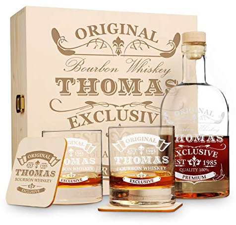 polar-effekt 6 TLG Geschenk-Set in Holzkiste mit Gravur - 2 Whiskygläser, 2 Untersetzer und Whisky-Karaffe in Geschenk-Box - Individuelles Geschenkidee - Motiv Original-Exklusive