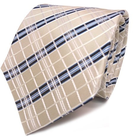 TigerTie Designer Seidenkrawatte in creme elfenbein weiss blau kariert