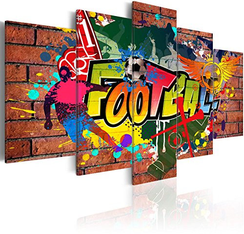 B&D XXL - Wandbilder XXL Fußball 200x100cm 5 tlg - Wand Deko Leinwand Bilder Groß Wanddeko Wohnzimmer Schlafzimmer Kunstdrucke - Grafitti Ziegeloptik bunt Straßenkunst 020105-18