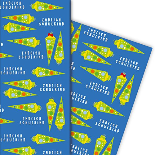 Einschulungs Geschenkpapier Set (4 Bogen) | Dekorpapier mit Schultüten Endlich Schulkind , blau, für tolle Geschenk Verpackung und Überraschungen u.v.m. 32 x 48cm