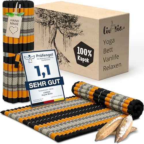 livasia Rollmatte Rollmatratze L breit bequem - 200x110x4,5cm - Gästebett Gästematratze 1 Person, Reisebett Kofferraum outdoor, Thaimatte Kapok Garten Balkon handgefertigt (Schwarz/Orange)
