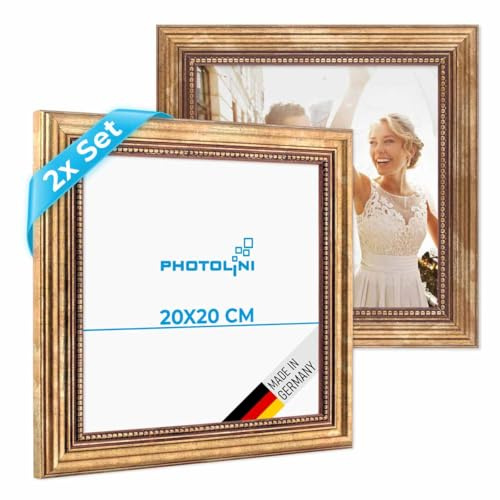 PHOTOLINI Barock-Bilderrahmen 20x20 cm in Gold antik, 2er Set Holz-Rahmen Vintage, Made in Germany, Echtglas, zum Aufhängen, mit Zubehör - verleiht Deinen Fotos das besondere Etwas
