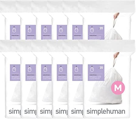 simplehuman Code M Custom Fit Liners, Tall Kitchen Extra Strong Trash Bag, 45 Liter / 12 Gallon, 12 Refill Packs (240 Count)