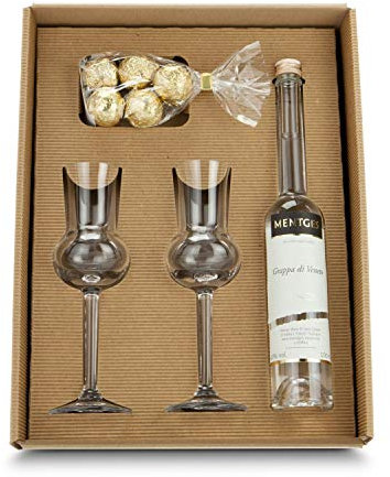 Römer Präsente Geschenkset Grappa Variationen: 9-teilig; 1 edler Grappa (100 ml) + 2 Grappa Gläser + 5 Grappatrüffel + Geschenkbox. Festes und Flüssiges für Grappa-Liebhaber!