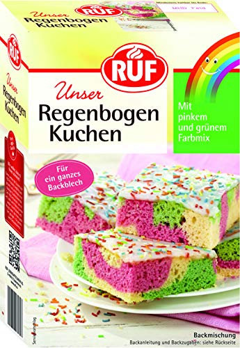 RUF Regenbogen-Kuchen, bunter Blechkuchen in hell, pink und grün mit Glasur und bunten Zuckerstreuseln, optimal für den Kindergeburtstag, 6 x 840g