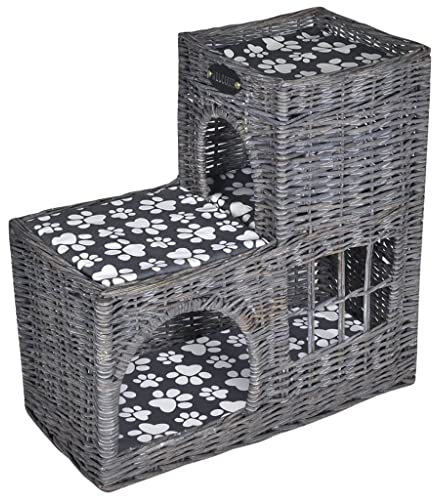 vidaXL Casita/Cama/Rascador Material Mimbre para Gato con Forma de Castillo Gris