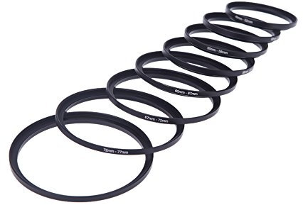 Andoer 8 Stücke Step up Adapter Ring Kit Filter Dapterringe filteradapter 49-52-55-58-62-67-72-77-82mm 49mm-82mm