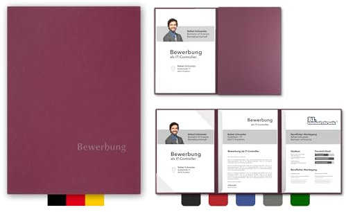 5 Stück 3-teilige Bewerbungsmappen BL-exclusivdruck® OPTIMA-plus in Bordeaux - Premium-Qualität mit edler Relief-Prägung 'Bewerbung' - Produkt-Design von 'Mario Lemani'