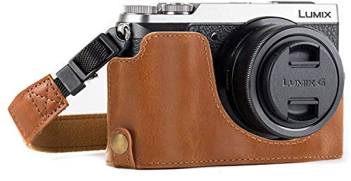 MegaGear MG974 Etui avec Bandoulière/Accès Batterie en Cuir pour Appareil Photo Panasonic Lumix DMC-GX85/GX80 Marron Clair