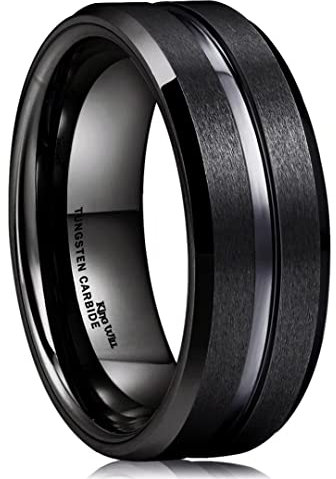 King Will Classic 8mm Black Tungsten Carbide Wedding Band Ring Polished Finish Grooved Center Comfort Fit T 1/2(10)