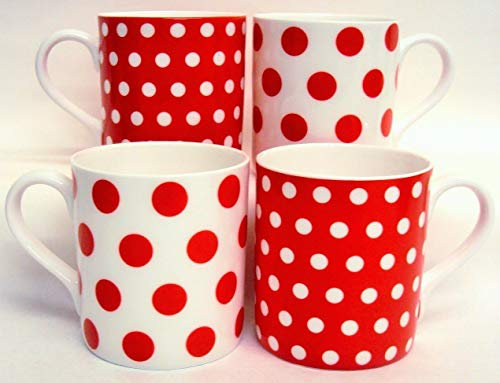 fromeuropewithlove Red Dots & Spots Mugs Set of 4 Fine Bone China Balmoral Red Spotted Mugs Hand Decorated in the UK Free UK Delivery