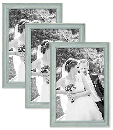3er Set Bilderrahmen Skandinavischer Landhaus-Stil Petrol/Taubenblau 20x30 cm Massivholz mit Shabby-Chic Note/Fotorahmen/Wechselrahmen