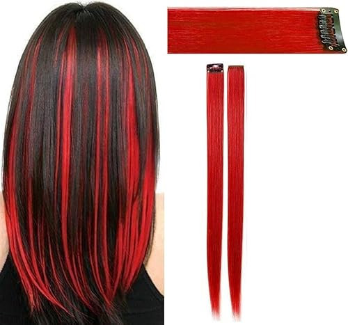 2 x Clip-In Hair Extension Highlights Streaks, Colourful Hair Highlights (Red)