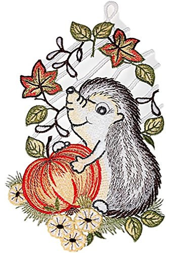 FVLFIL Fensterbild 16x27 cm + Saugnapf Plauener Stickerei Spitze Igel mit Apfel Spitzenbild Fensterdekoration Herbst