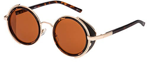 Ultra Steampunk Sonnenbrille 50er-Jahre, runde Gläser mit UV400-Schutz, gold, silber, braun, blau, verspiegelter Leoparden-Print und Tee, Kupfer, Schwimmbrille, Rave, Gothic, Vintage Gr. Erwachsene Standard, Leopard/Tiger Print with Brown Lenses