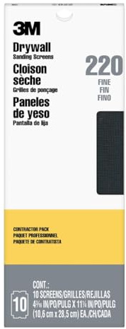 3M Drywall Sanding Screens Pro-Pak, 10-Pack, 220-Grit, 4-3/16 in x 11-1/4 in, Pre-cut for Easy Attachment to Hand or Pole Sander, For Sanding Drywall Joints, Patching Compounds and Plaster (99436)