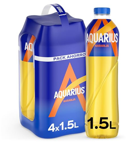 AQUARIUS Naranja, Bebida Hidratante con Sales Minerales, Baja en Calorías - Pack 4 botellas 1,5 L