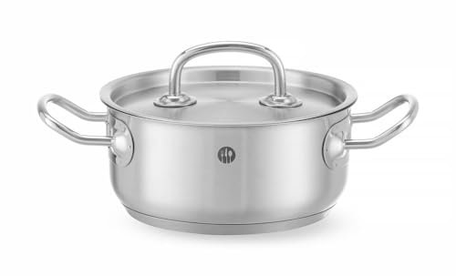 HENDI Pentola bassa, con coperchio con fori per il rilascio del vapore, calderone, casseruola, tegame, adatta a tutte le fonti di calore, lavabile in lavastoviglie, 1.5L, ø160x(H)75mm, acciaio inox