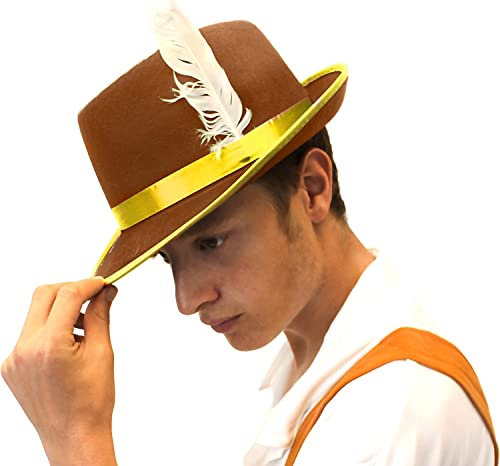 ILOVEFANCYDRESS 6 x Herren Hut im Bayerischen Stil mit weißen Federn auf der Seite, Braun / Gelb