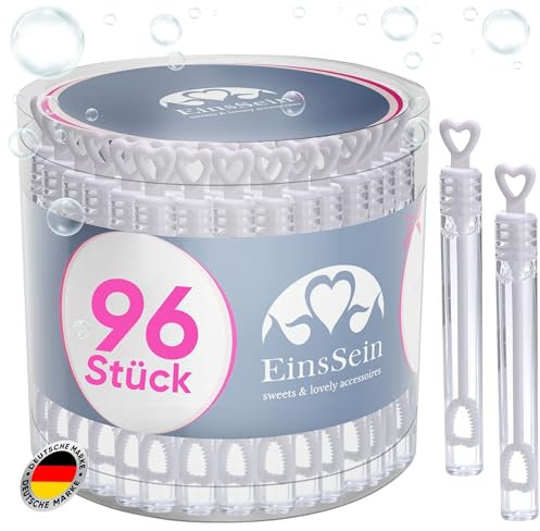 EinsSein Seifenblasen Hochzeit Herz Herzgläschen Weiss | Gastgeschenke für Hochzeit Taufe Geburtstag Verlobung | mini Hochzeitsseifenblasen mit Herzgriff Hochzeitsdeko | Keine Flecken auf Kleidung