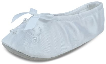 isotoner girls Satin Ballerina With Embroidered Pearl Ballet Flat, White, 9-10 Toddler US