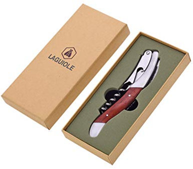 LAGUIOLE - Einfacher Hebel-Sommelier - Roter Birnenholzgriff - Edelstahl matt - Messer mit Korkenzieher-, Kapselschneider- & Flaschenöffnerfunktion - Gebrauchskomfort - Geschenkverpackung