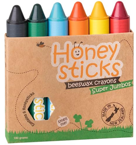 Honeysticks Super Jumbo Crayons (6 Pack) - 100% Pure Beeswax Crayons with Food Grade Colours, Non Toxic Crayons for Toddlers 1-3 Unbreakable, Extra Large, Easy to Hold and Use, Eco-Friendly