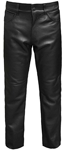 Skintan Klassiska motorcykelbyxor för män jeans i läder – finns i 73 cm, 78 cm och 86 cm inre benlängder, Svart, 38W x 29L
