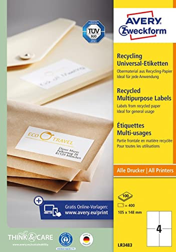 AVERY Zweckform LR3483 Recycling Etiketten (400 Klebeetiketten, 105x148mm auf A4, 100% recyceltes Altpapier, bedruckbare Versandetiketten, selbstklebende Versandaufkleber) 100 Blatt, naturweiß