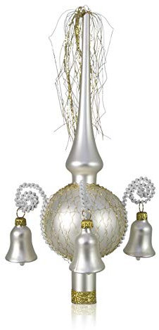 Lauschaer Glas Weihnachtsbaumspitze mit Glöckchen weiß matt, umsponnen L ca. 28cm d(Kugel) 7cm Christbaumschmuckspitze mundgeblasen,handdekoriert,Leonischer Draht