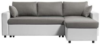LOUNGITUDE - Canapé d'angle réversible, Convertible en Simili et Microfibre avec Coffre - Gris/Blanc - 3 Places
