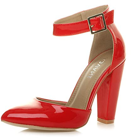 AJVANI high Block Heel Ankle Strap Pointed Court Shoes Size 3 36 Red Patent