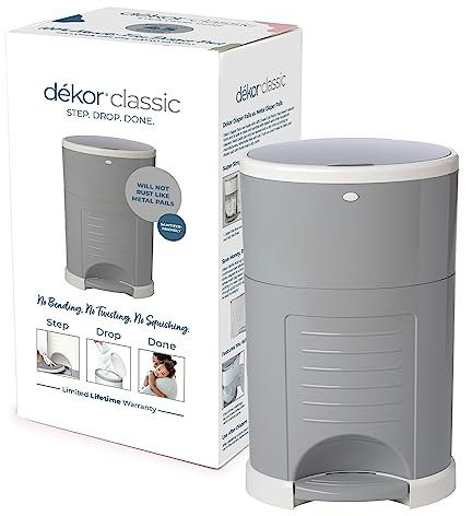 DEKOR Cubeta clásica para pañales manos libres | Gris | Más fácil de usar | Solo paso – caída – hecho | No absorbe olores | Cambio de bolsa de 20 segundos | Sistema de recarga más económico