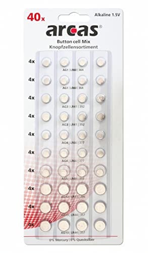Arcas 12755000 - Alkaline Knopfzellen Sortiment, 40-teilig, 8x AG1, 8x AG3, 8x AG4, 4x AG5, 4x AG12, 8x AG13, lange Haltbarkeit, ideal für Uhren, Taschenrechner, Spielzeug und Schlüsselleuchten