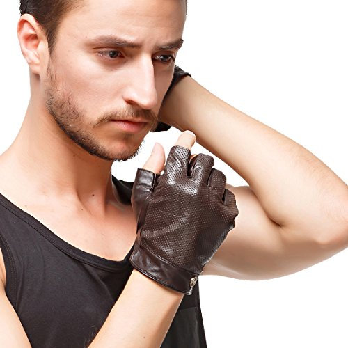 Nappaglo Herren Fingerlose Lederhandschuhe Lammfell Halbfinger für fahren Radfahren Outdoor Ungefüttert Handschuhe (XL (Umfang der Handfläche:22.8-24.1cm), Braun)