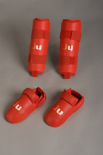 Ju-Sports Spann-/ Schienbeinschoner Karate - rot, Kunstleder I Stabiler Karate Schienbeinschutz für den Wettkampf mit Schaumstoffpolster I Größe S-XL