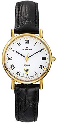 Dugena Damen Quarz-Armbanduhr, Saphirglas, Lederarmband, Zenit, Schwarz/Gold, 4460366