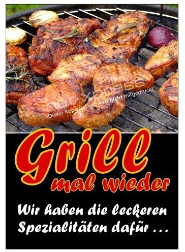 net-xpress Plakat für die Grillsaison Grill mal Wieder DIN A1, Werbeplakat Poster Metzgerei
