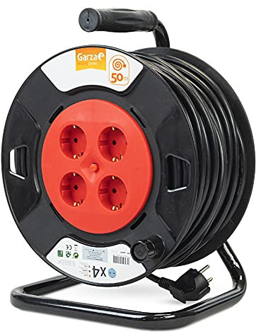 Garza Power - Enrollacables Brico de 50 Metros , 4 Tomas Schuko, Negro / Rojo