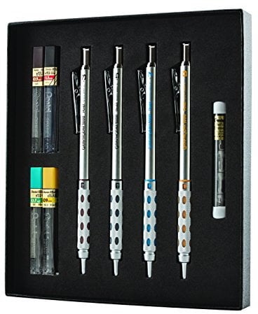 Pentel Arts GraphGear 1000 Premium-Geschenkset mit Nachfüllminen und Radiergummis (PG1000BXSET), Schwarz, 0,3 mm, 0,5 mm, 0,7 mm, 0,9 mm