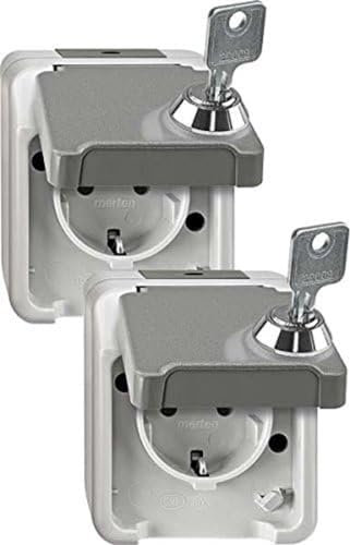 Schneider Electric Merten Aufputz Schuko-Steckdose mit Klappdeckel, abschließbar, 1-fach, 2 Stück, IP44, Aquastar, lichtgrau, Artikelnummer MEG2424-8029