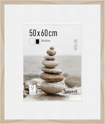 accent by nielsen Bilderrahmen mit Passepartout, 50 x 60 cm, Holz, Natur, Posterrahmen zum Aufhängen im Hoch- & Querformat, Echtglas, Apollon