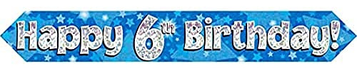 9ft Banner Happy 6th Birthday Blue holographic