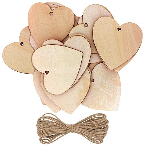Kurtzy 25-er Pack Holzherzen mit 10m Jute Schnur - 10x10cm Streudeko Set Holz Herzen Unbehandelt mit Loch zum Beschriften - Holzherz Deko für Hochzeit, Party, Jubiläum, Geschenkanhänger, zum Basteln