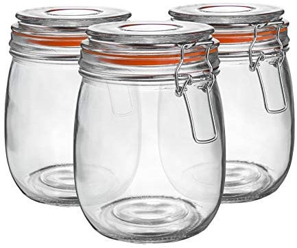 Argon Tableware Glass Jars with Airtight Metal Clip Lid - 750ml/26.4oz - 3 Pack - 4 Colour Seals - Kitchen Container Round Preserving Jar for Pickling, Chutney, Jam, Coffee