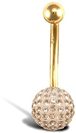 Jewelco London Ladies 9ct Yellow Gold Peach Round Crystal 8mm Disco Ball Banana Belly Bar, 12mm